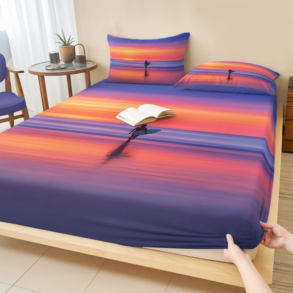 Cal.King Size Fitted Sheet Set - Summer Tropical Sunset 3 Piece Bedding Sets 16" Deep Pocket Fitted Sheet with 2 Pillowcases, Surfer Girl Purple Tides Coastal Brushed Microfiber Hotel Bed Sheets