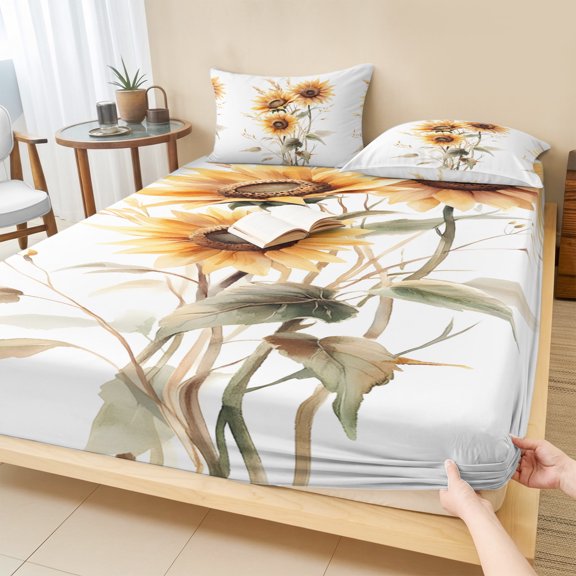 Cal.King Size Fitted Sheet Set - Sunflower 3 Piece Bedding Sets 16" Deep Pocket Fitted Sheet with 2 Pillowcases, Orange Vintage Blooms Floral Spring Brushed Microfiber Hotel Luxury Bed Sheets