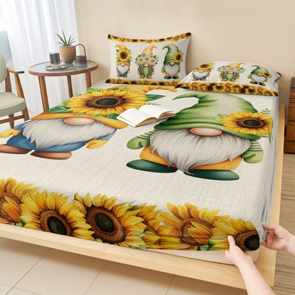 Cal.King Size Fitted Sheet Set - Sunflowers Gnomes 3 Piece Bedding Sets 16" Deep Pocket Fitted Sheet with 2 Pillowcases, Rustic Summer Botanical Budding Flowers Brushed Microfiber Hotel Bed Sheets