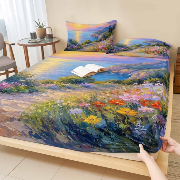 Cal.King Size Fitted Sheet Set - Sunset 3 Piece Bedding Sets 16" Deep Pocket Fitted Sheet with 2 Pillowcases, Colorful Wildflower Path Cottagecore Ocean Brushed Microfiber Hotel Luxury Bed Sheets