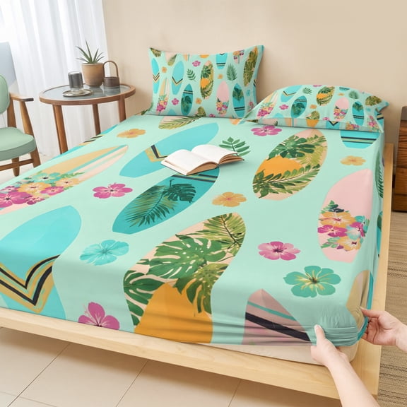 Cal.King Size Fitted Sheet Set - Surfboard 3 Piece Bedding Sets 16" Deep Pocket Fitted Sheet with 2 Pillowcases, Ocean Palm Monstera Leaves Hawaii Hibiscus Brushed Microfiber Hotel Luxury Bed Sheets