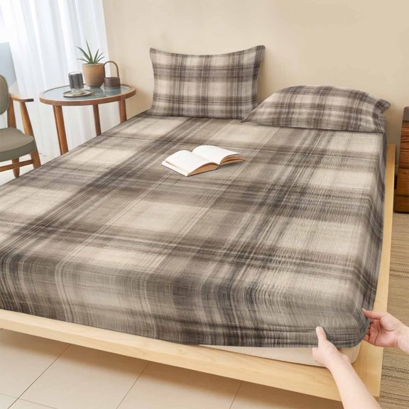 Cal.King Size Fitted Sheet Set - Taupe Oatmeal Plaid 3 Piece Bedding Sets 16" Deep Pocket Fitted Sheet with 2 Pillowcases, Traditional Striped Lines Brushed Microfiber Hotel Luxury Bed Sheets