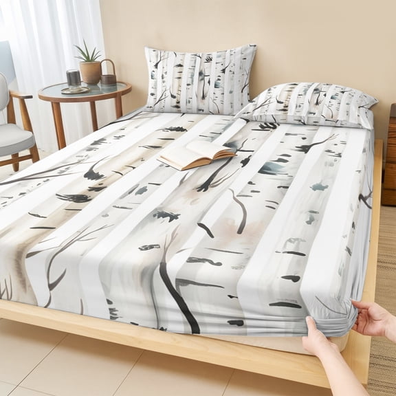 Cal.King Size Fitted Sheet Set - Taupe Tree 3 Piece Bedding Sets 16" Deep Pocket Fitted Sheet with 2 Pillowcases, Forest Birch Trees Modern Abstract Art Brushed Microfiber Hotel Luxury Bed Sheets