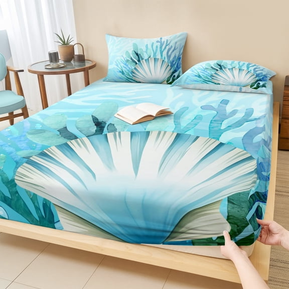 Cal.King Size Fitted Sheet Set - Teal Blue Coastal 3 Piece Bedding Sets 16" Deep Pocket Fitted Sheet with 2 Pillowcases, Summer Ocean Sea Shells Corals Brushed Microfiber Hotel Luxury Bed Sheets