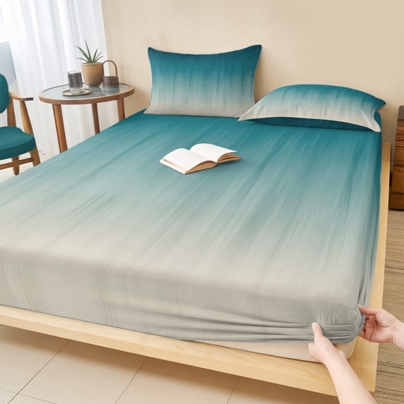 Cal.King Size Fitted Sheet Set - Teal Blue Ombre 3 Piece Bedding Sets 16" Deep Pocket Fitted Sheet with 2 Pillowcases, Contemporary Gradient Abstract Art Brushed Microfiber Hotel Luxury Bed Sheets