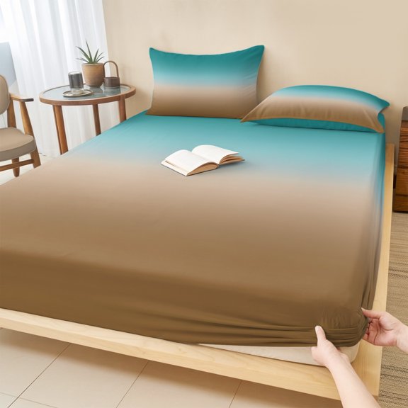Cal.King Size Fitted Sheet Set - Teal Brown Ombre 3 Piece Bedding Sets 16" Deep Pocket Fitted Sheet with 2 Pillowcases, Turquoise Gradient Modern Abstract Art Brushed Microfiber Hotel Bed Sheets
