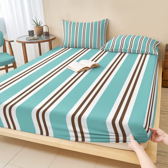 Cal.King Size Fitted Sheet Set - Teal Brown Striped 3 Piece Bedding Sets 16" Deep Pocket Fitted Sheet with 2 Pillowcases, Modern Farmhouse Vertical Stripes Brushed Microfiber Hotel Luxury Bed Sheets