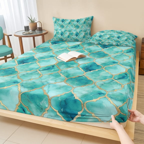 Cal.King Size Fitted Sheet Set - Teal Geometric 3 Piece Bedding Sets 16" Deep Pocket Fitted Sheet with 2 Pillowcases, Modern Morocco Abstract Art Brushed Microfiber Hotel Luxury Bed Sheets