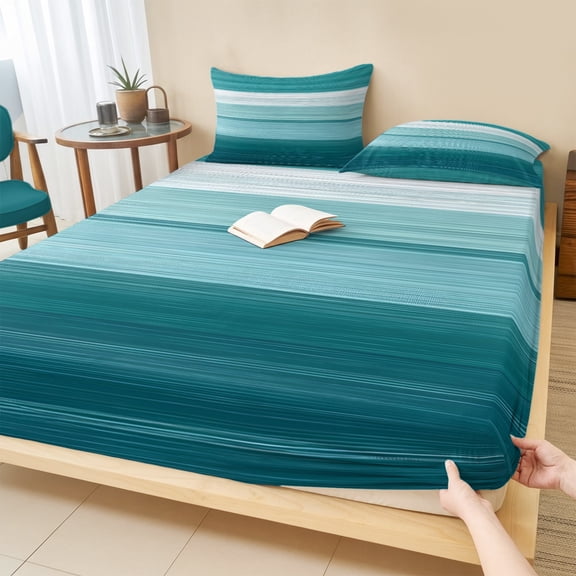 Cal.King Size Fitted Sheet Set - Teal Green Ombre Stripes 3 Piece Bedding Sets 16" Deep Pocket Fitted Sheet with 2 Pillowcases, Modern Farmhouse Lines Art Brushed Microfiber Hotel Luxury Bed Sheets