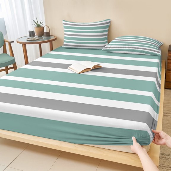 Cal.King Size Fitted Sheet Set - Teal Grey Striped 3 Piece Bedding Sets 16" Deep Pocket Fitted Sheet with 2 Pillowcases, Modern White Abstract Art Aesthetics Brushed Microfiber Hotel Bed Sheets
