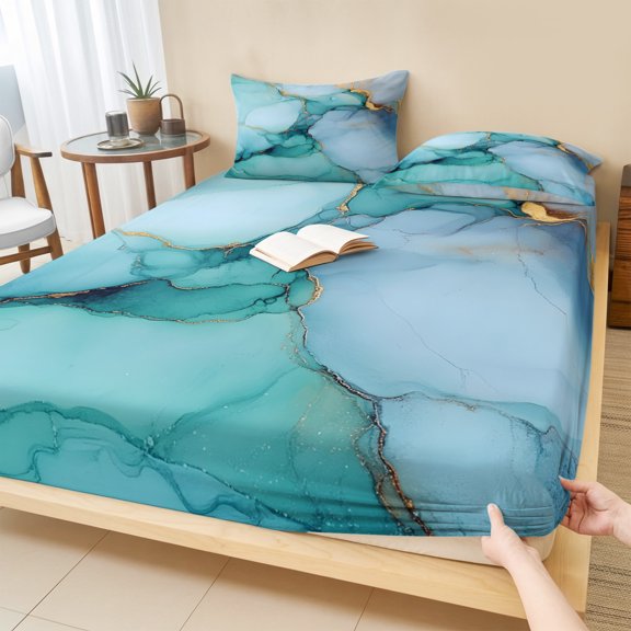 Cal.King Size Fitted Sheet Set - Teal Marble 3 Piece Bedding Sets 16" Deep Pocket Fitted Sheet with 2 Pillowcases, Contemporary Ink Painted Abstract Art Brushed Microfiber Hotel Luxury Bed Sheets