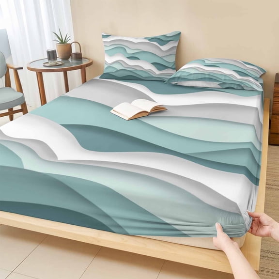 Cal.King Size Fitted Sheet Set - Teal Ombre 3 Piece Bedding Sets 16" Deep Pocket Fitted Sheet with 2 Pillowcases, Modern Geometric Moire Abstract Art Brushed Microfiber Hotel Luxury Bed Sheets