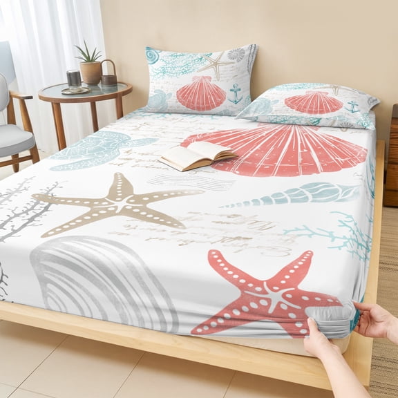 Cal.King Size Fitted Sheet Set - Teal Red Coastal Nautical 3 Piece Bedding Sets 16" Deep Pocket Fitted Sheet with 2 Pillowcases, Beach Sea Turtle Ocean Coral Starfish Brushed Microfiber Bed Sheets