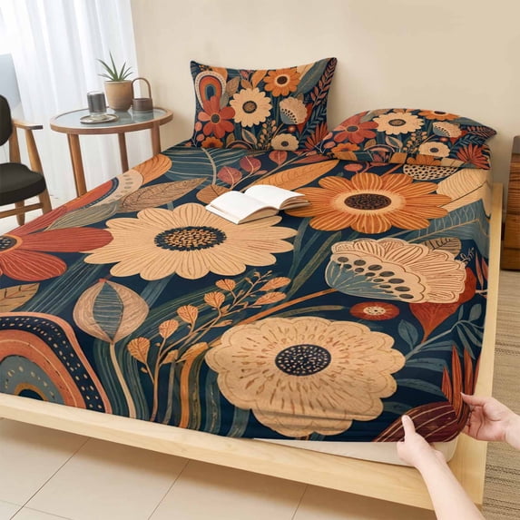 Cal.King Size Fitted Sheet Set - Terracotta Flowers 3 Piece Bedding Sets 16" Deep Pocket Fitted Sheet with 2 Pillowcases, Boho Floral Leaves Vintage Pastoral Botanical Microfiber Hotel Bed Sheets