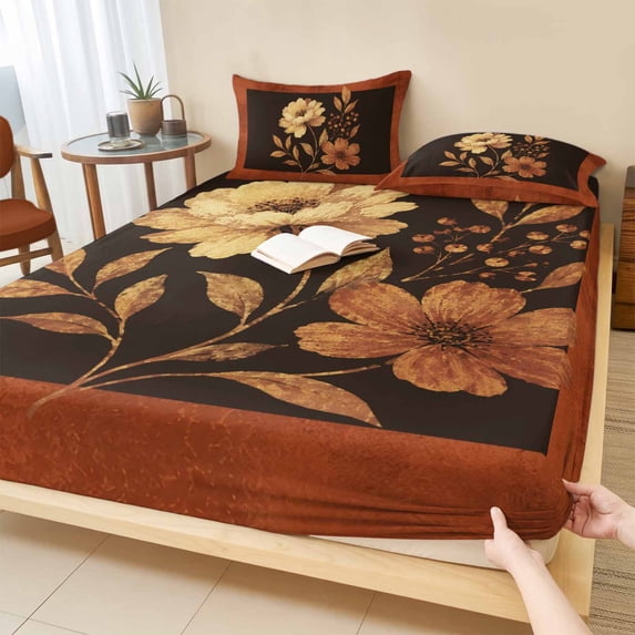 Cal.King Size Fitted Sheet Set - Thanksgiving 3 Piece Bedding Sets 16" Deep Pocket Fitted Sheet with 2 Pillowcases, Retro Fall Farmhouse Flowers Leaves Plants Brushed Microfiber Hotel Bed Sheets