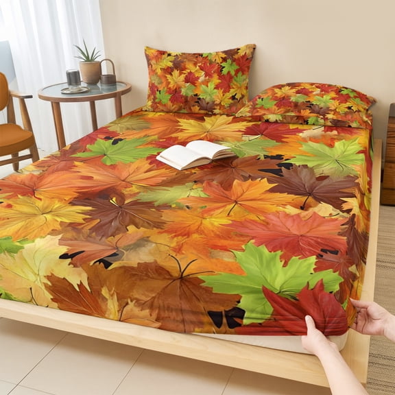 Cal.King Size Fitted Sheet Set - Thanksgiving Fall 3 Piece Bedding Sets 16" Deep Pocket Fitted Sheet with 2 Pillowcases, Autumn Green Orange Red Maple Leaves Brushed Microfiber Hotel Bed Sheets