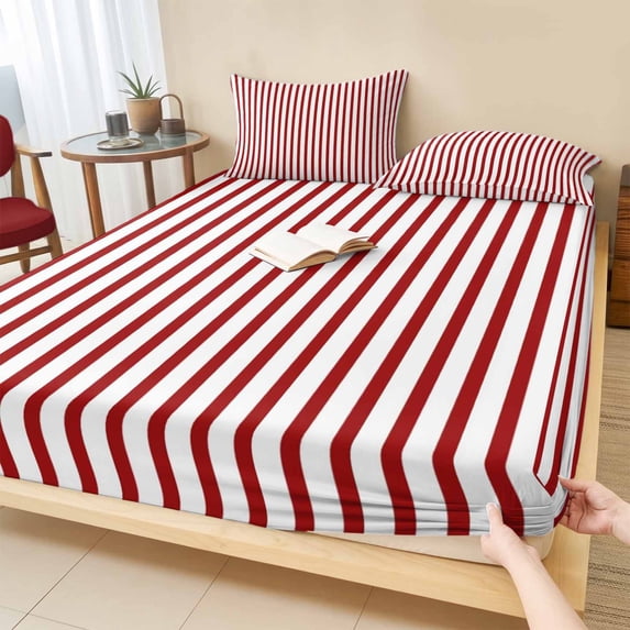 Cal.King Size Fitted Sheet Set - Thin Red Striped 3 Piece Bedding Sets 16" Deep Pocket Fitted Sheet with 2 Pillowcases, Farmhouse Modern Red Stripes Brushed Microfiber Hotel Luxury Bed Sheets