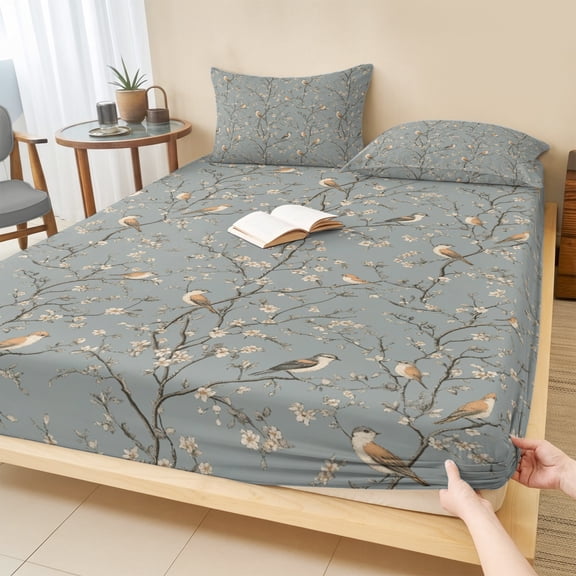 Cal.King Size Fitted Sheet Set - Tree Birds 3 Piece Bedding Sets 16" Deep Pocket Fitted Sheet with 2 Pillowcases, Vintage Grey Flower Floral Branch Spring Brushed Microfiber Hotel Luxury Bed Sheets