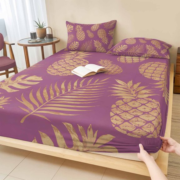 Cal.King Size Fitted Sheet Set - Tropical Plants 3 Piece Bedding Sets 16" Deep Pocket Fitted Sheet with 2 Pillowcases, Summer Botanical Pineapple Jungle Leaves Brushed Microfiber Hotel Bed Sheets