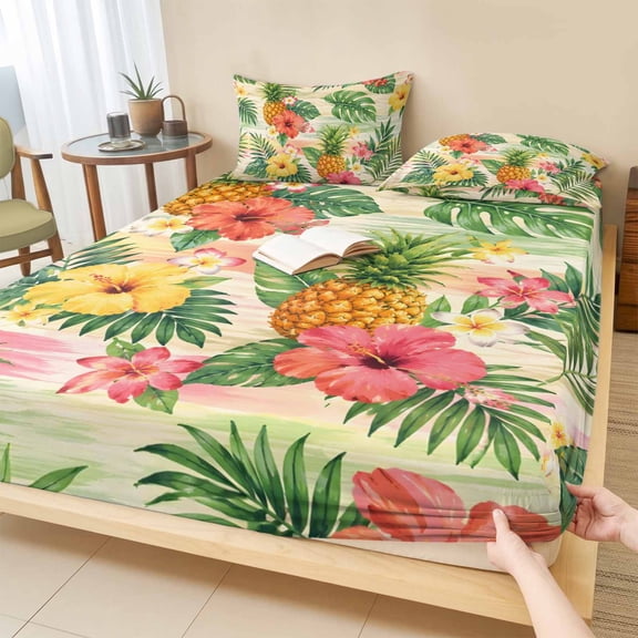 Cal.King Size Fitted Sheet Set - Tropical Plants 3 Piece Bedding Sets 16" Deep Pocket Fitted Sheet with 2 Pillowcases, Summer Pineapple Palm Leaves Flowers Brushed Microfiber Hotel Luxury Bed Sheets