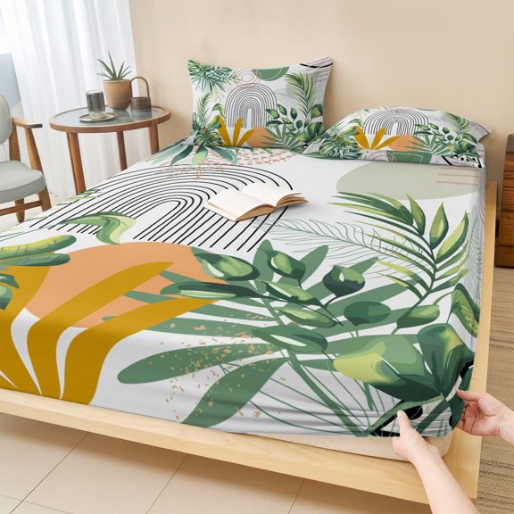 Cal.King Size Fitted Sheet Set - Tropical Summer 3 Piece Bedding Sets 16" Deep Pocket Fitted Sheet with 2 Pillowcases, Boho Palm Leaves Botanical Watercolor Brushed Microfiber Hotel Luxury Bed Sheets