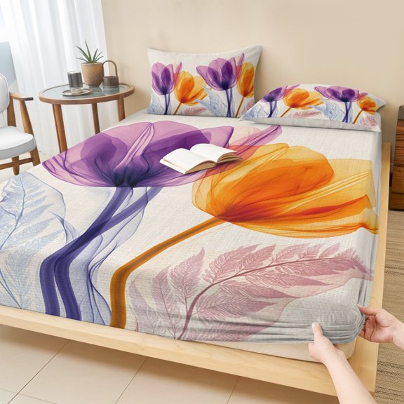Cal.King Size Fitted Sheet Set - Tulip Flowers 3 Piece Bedding Sets 16" Deep Pocket Fitted Sheet with 2 Pillowcases, Orange Purple Pastrol Floral Spring Brushed Microfiber Hotel Luxury Bed Sheets