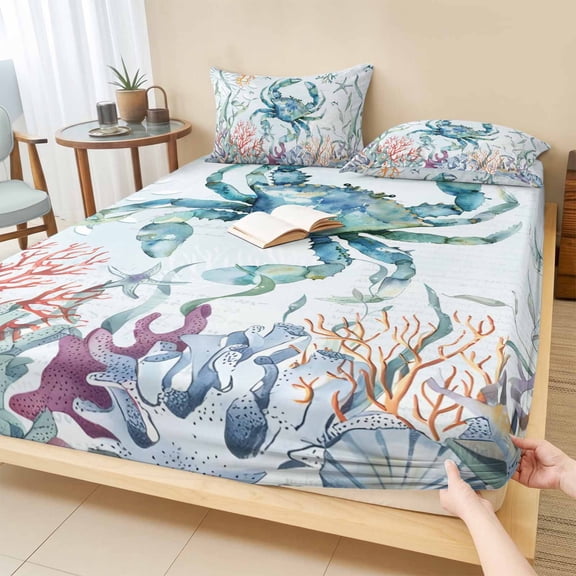 Cal.King Size Fitted Sheet Set - Turquoise Carbs Coastal 3 Piece Bedding Sets 16" Deep Pocket Fitted Sheet with 2 Pillowcases, Nautical Summer Beach Coral Jellyfish Microfiber Hotel Bed Sheets