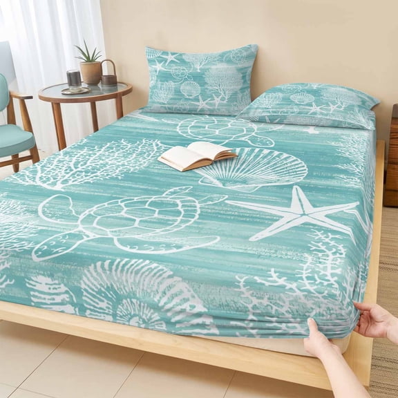 Cal.King Size Fitted Sheet Set - Turquoise Coastal 3 Piece Bedding Sets 16" Deep Pocket Fitted Sheet with 2 Pillowcases, Nautical Coral Starfish Shell Turtle Summer Microfiber Hotel Bed Sheets