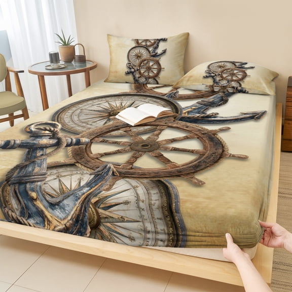 Cal.King Size Fitted Sheet Set - Vintage Anchor Nautical 3 Piece Bedding Sets 16" Deep Pocket Fitted Sheet with 2 Pillowcases, Coastal Compass Brown Brushed Microfiber Hotel Luxury Bed Sheets