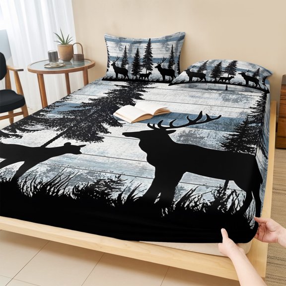 Cal.King Size Fitted Sheet Set - Vintage Bear 3 Piece Bedding Sets 16" Deep Pocket Fitted Sheet with 2 Pillowcases, Farmhouse Trees Mist Forest Wooden Grain Brushed Microfiber Hotel Luxury Bed Sheets