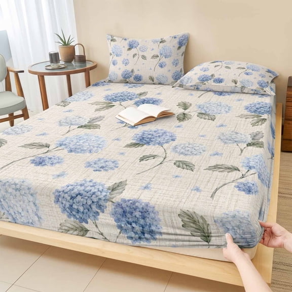 Cal.King Size Fitted Sheet Set - Vintage Blue Hydrangea 3 Piece Bedding Sets 16" Deep Pocket Fitted Sheet with 2 Pillowcases, Rustic Elegant Spring Botanical Floral Microfiber Hotel Luxury Bed Sheets
