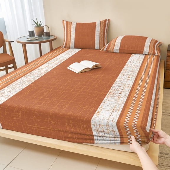 Cal.King Size Fitted Sheet Set - Vintage Burnt Orange Striped 3 Piece Bedding Sets 16" Deep Pocket Fitted Sheet with 2 Pillowcases, Farmhouse Modern Stripes Boho Brushed Microfiber Hotel Bed Sheets