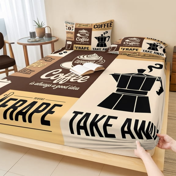 Cal.King Size Fitted Sheet Set - Vintage Coffee 3 Piece Bedding Sets 16" Deep Pocket Fitted Sheet with 2 Pillowcases, Farmhouse Retro Art Coffee Beans Brushed Microfiber Hotel Luxury Bed Sheets