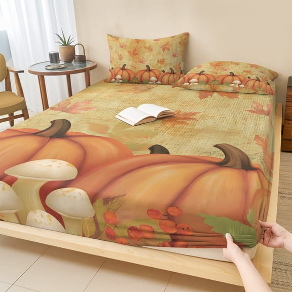 Cal.King Size Fitted Sheet Set - Vintage Orange Pumpkins Fall 3 Piece Bedding Sets 16" Deep Pocket Fitted Sheet with 2 Pillowcases, Thanksgiving Leaves Retro Art Brushed Microfiber Hotel Bed Sheets