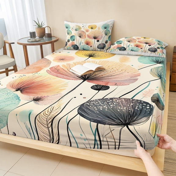 Cal.King Size Fitted Sheet Set - Vintage Spring Floral 3 Piece Bedding Sets 16" Deep Pocket Fitted Sheet with 2 Pillowcases, Summer Botanical Abstract Art Brushed Microfiber Hotel Luxury Bed Sheets