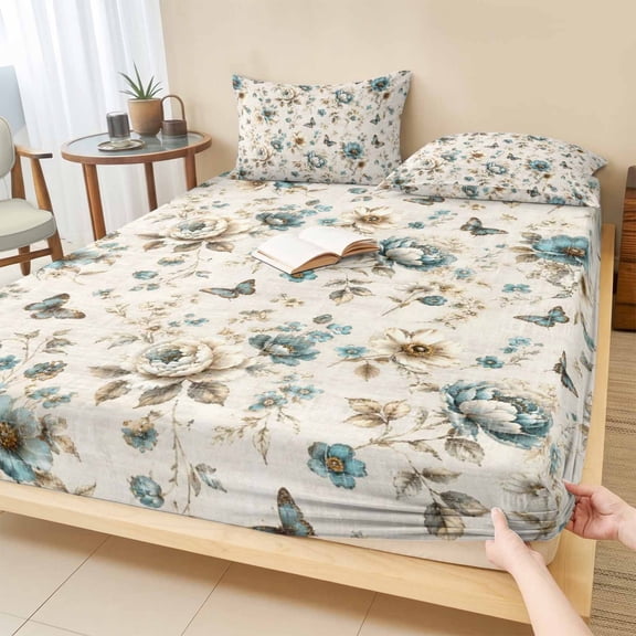 Cal.King Size Fitted Sheet Set - Vintage Tulip 3 Piece Bedding Sets 16" Deep Pocket Fitted Sheet with 2 Pillowcases, Teal Flowers Butterfly Pastoral Botanical Brushed Microfiber Hotel Bed Sheets