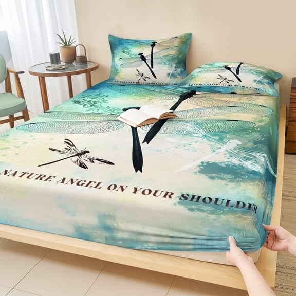 Cal.King Size Fitted Sheet Set - Watercolor Dragonfly 3 Piece Bedding Sets 16" Deep Pocket Fitted Sheet with 2 Pillowcases, Turquoise Blue Ombre Animals Brushed Microfiber Hotel Luxury Bed Sheets
