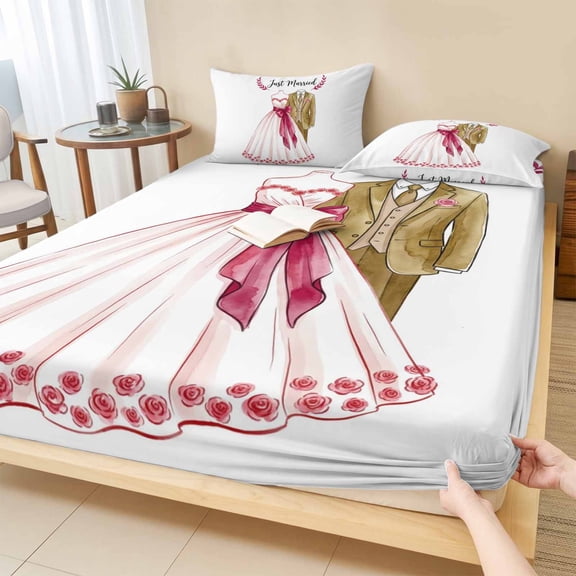 Cal.King Size Fitted Sheet Set - Wedding 3 Piece Bedding Sets 16" Deep Pocket Fitted Sheet with 2 Pillowcases, Romantic Bridal Dress Groom Suit Leaves Brushed Microfiber Hotel Luxury Bed Sheets
