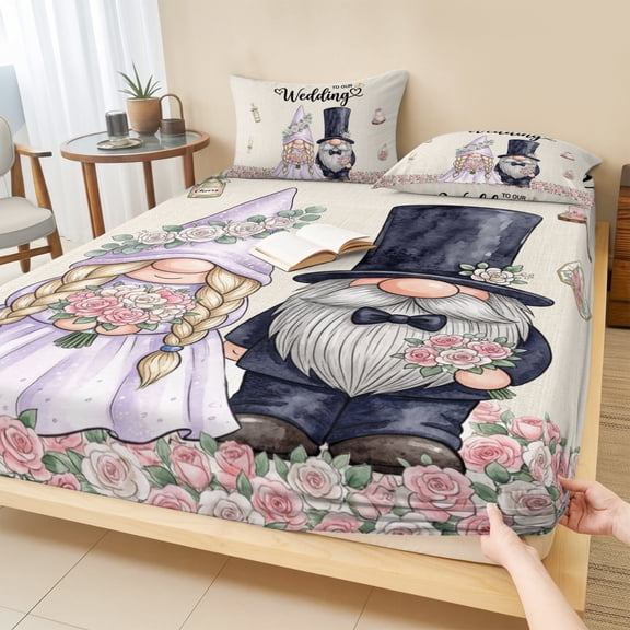 Cal.King Size Fitted Sheet Set - Wedding Gnomes 3 Piece Bedding Sets 16" Deep Pocket Fitted Sheet with 2 Pillowcases, Funny Cartoon Rose Ring Cakes Floral Brushed Microfiber Hotel Luxury Bed Sheets