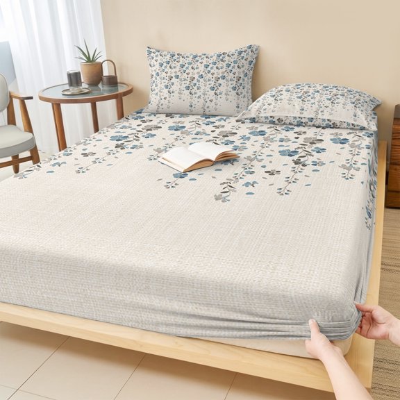 Cal.King Size Fitted Sheet Set - Weeping Flowers 3 Piece Bedding Sets 16" Deep Pocket Fitted Sheet with 2 Pillowcases, Blue Grey Spring Floral Botanical Rustic Burlap Microfiber Hotel Bed Sheets