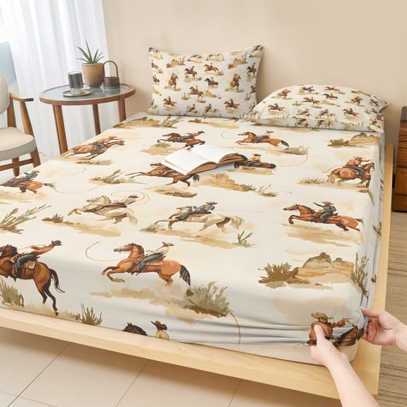 Cal.King Size Fitted Sheet Set - Western Cowboy 3 Piece Bedding Sets 16" Deep Pocket Fitted Sheet with 2 Pillowcases, Vintage Country Horse Plants Art Brushed Microfiber Hotel Luxury Bed Sheets