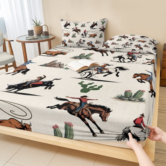 Cal.King Size Fitted Sheet Set - Western Cowboys 3 Piece Bedding Sets 16" Deep Pocket Fitted Sheet with 2 Pillowcases, Beige Vintage Country Cactus Brushed Microfiber Hotel Luxury Bed Sheets