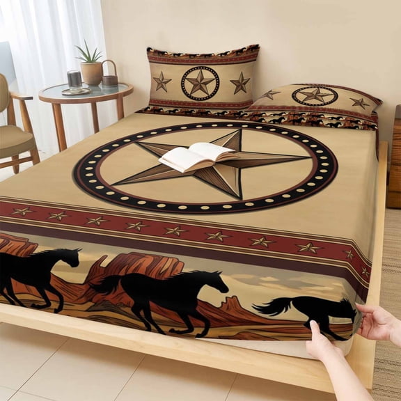 Cal.King Size Fitted Sheet Set - Western Red Brown 3 Piece Bedding Sets 16" Deep Pocket Fitted Sheet with 2 Pillowcases, Farmhouse Country Cowboy Texas Stars Horse Brushed Microfiber Hotel Bed Sheets