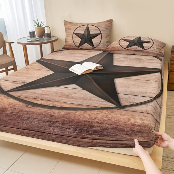Cal.King Size Fitted Sheet Set - Western Star Retro 3 Piece Bedding Sets 16" Deep Pocket Fitted Sheet with 2 Pillowcases, Country Farmhouse Brown Wooden Grain Brushed Microfiber Hotel Bed Sheets