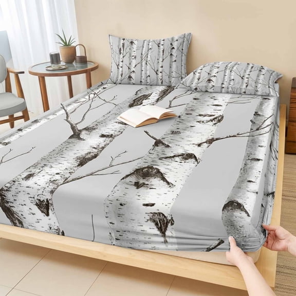 Cal.King Size Fitted Sheet Set - White Branch 3 Piece Bedding Sets 16" Deep Pocket Fitted Sheet with 2 Pillowcases, Natural Tree Forest Country Mottled Trunk Plants Microfiber Hotel Bed Sheets