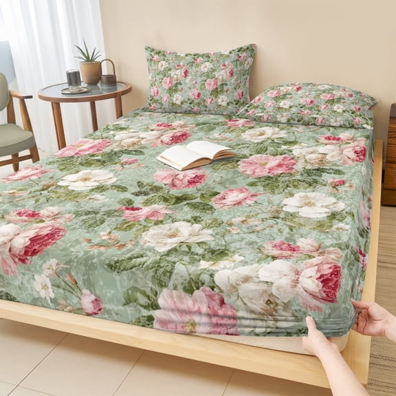 Cal.King Size Fitted Sheet Set - White Pink Flower 3 Piece Bedding Sets 16" Deep Pocket Fitted Sheet with 2 Pillowcases, Shabby Chic Spring Vintage Leaf Green Brushed Microfiber Hotel Bed Sheets