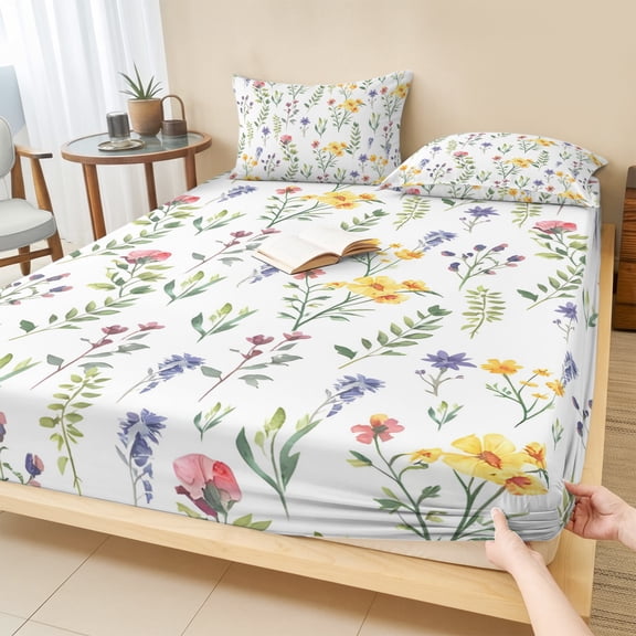 Cal.King Size Fitted Sheet Set - Wildflowers Blossom 3 Piece Bedding Sets 16" Deep Pocket Fitted Sheet with 2 Pillowcases, Spring Pastoral Botanical Flowers Rustic Brushed Microfiber Hotel Bed Sheets