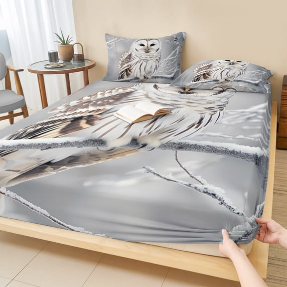Cal.King Size Fitted Sheet Set - Winter Owl 3 Piece Bedding Sets 16" Deep Pocket Fitted Sheet with 2 Pillowcases, Country Birds Animal Tree Branches Snow Brushed Microfiber Hotel Luxury Bed Sheets