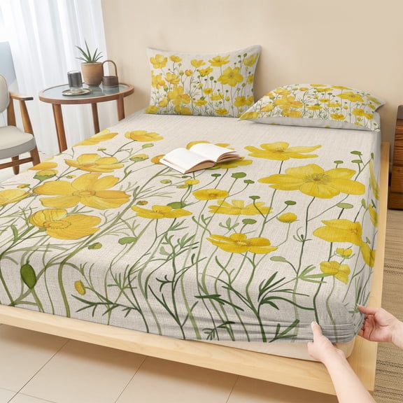Cal.King Size Fitted Sheet Set - Yellow Daisy 3 Piece Bedding Sets 16" Deep Pocket Fitted Sheet with 2 Pillowcases, Rustic Spring Floral Summer Botanical Brushed Microfiber Hotel Luxury Bed Sheets