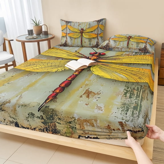 Cal.King Size Fitted Sheet Set - Yellow Dragonfly 3 Piece Bedding Sets 16" Deep Pocket Fitted Sheet with 2 Pillowcases, Vintage Country Wooden Grain Aesthetic Brushed Microfiber Hotel Bed Sheets